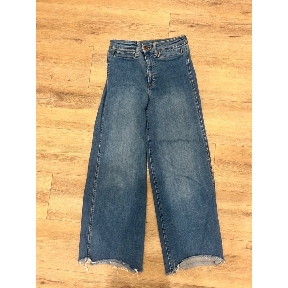 H&M Denim Culottes High Waist Raw Hem Wide Leg Cropped Blue Jeans